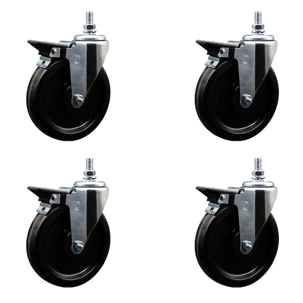 6 Inch Phenolic 12 Inch Threaded Stem Caster Set with Brake